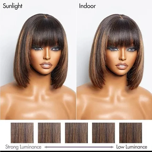 Highlight Blonde Short bob Lace Human Hair Wig Brazilian Straight With Bangs - Picture 5 of 5